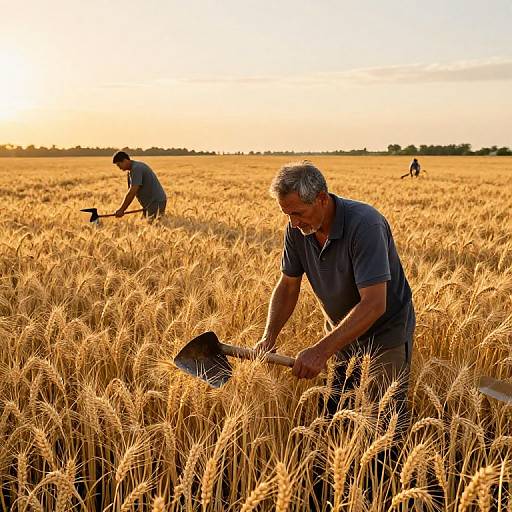 Photograph of three elderly men harvesting golden wheat field at sunset, wearing dark shirts; warm, glowing light highlights the scene.