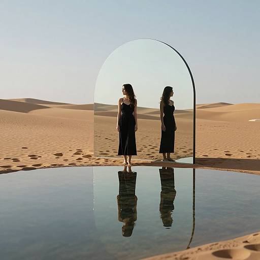 Silhouetted woman in dress stands in desert sand dunes, reflected in still water, under an arch against a clear sky. Photograph.