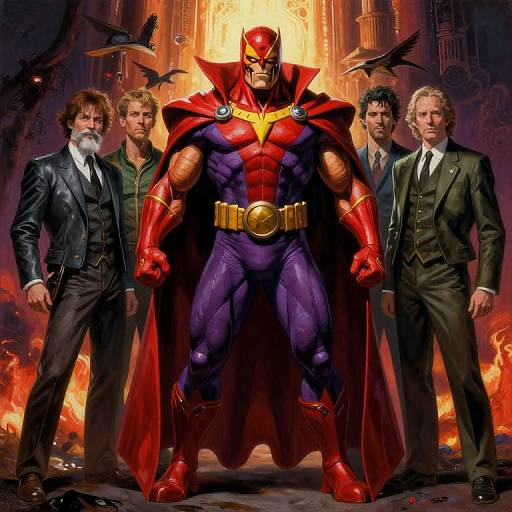 Digital comic-style artwork of five men standing before a fiery cathedral, with a muscular, red-and-purple superhero in center.