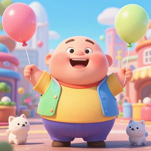 CGI image of a chubby, smiling bald boy holding pink and green balloons, wearing a yellow shirt and blue vest, standing on a colorful, sunny