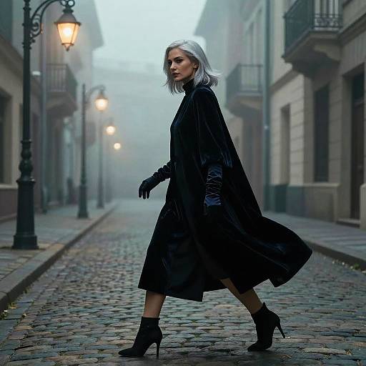 Mysterious Elegant Woman in Foggy Street