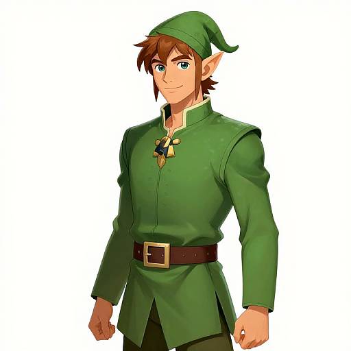 Digital anime-style drawing of a tall, handsome elf with brown hair, green eyes, and pointed ears, wearing a green tunic, hat, and