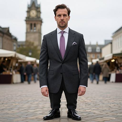 Photograph of a serious, bearded man in a dark suit, white shirt, pink tie, and pocket square, standing on a cobblestone