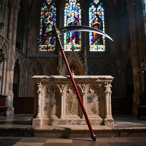 Photograph of a sharp, ornate scythe leaning against an intricately carved stone altar in a dimly lit, Gothic-style church with colorful stained