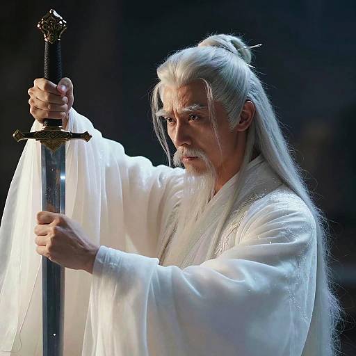 Photograph of an intense, white-haired, bearded elderly man in a flowing white robe, gripping a sword with a dark hilt. Dark,