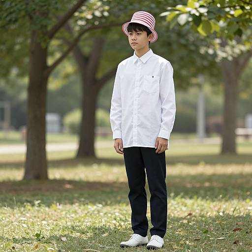 Photograph of a young boy in a white shirt, black pants, white shoes, and red-striped hat standing in a sunlit park with trees in
