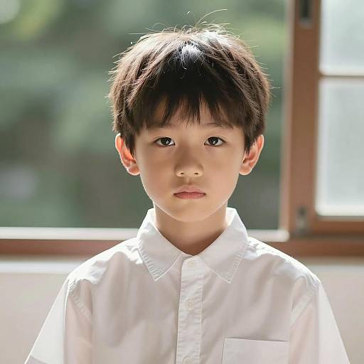 Serious Young Asian Boy in White Shirt