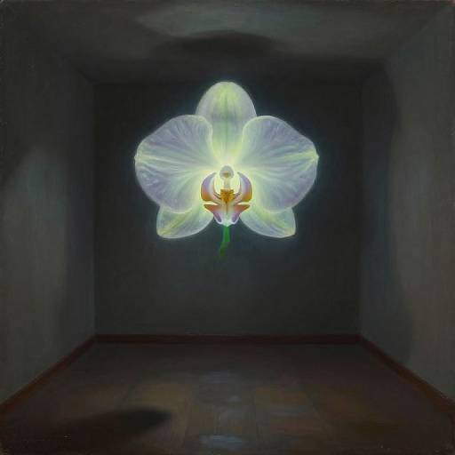 Digital artwork of a glowing white orchid with yellow center, floating in a dark, empty room with shadowed walls.