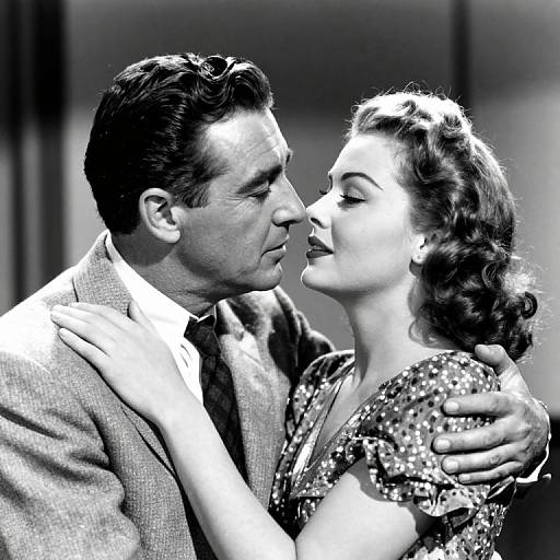 Black-and-white photograph of a 1940s-style couple kissing, man in a suit, woman in a polka-dotted dress, intimate embrace