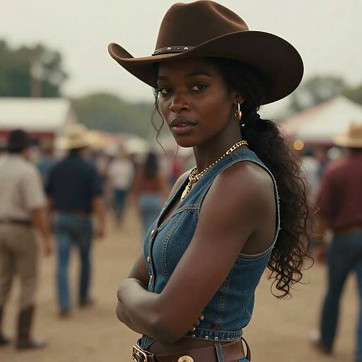 Photograph of a confident Black woman with dark skin, long curly hair, wearing a brown cowboy hat, sleeveless denim vest, and gold jewelry,