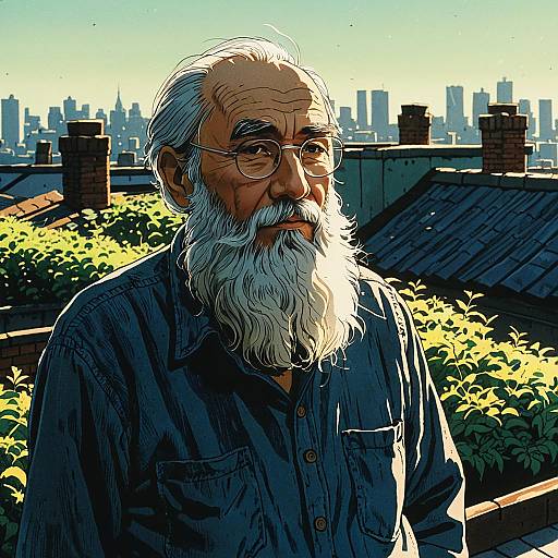 Elderly Man in Sunlit Rooftop Garden Illustration