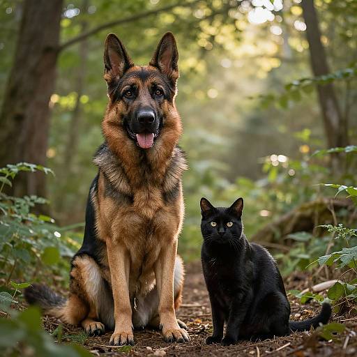 Photograph of a German Shepherd with tan and black fur sitting on a forest path, next to a black cat with glowing eyes. Sunlight filters through
