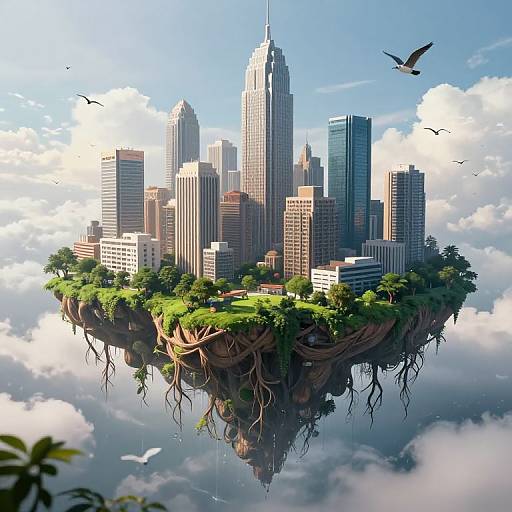 Digital artwork of a floating, lush island city with tall skyscrapers, surrounded by clouds, trees, and birds, with roots dangling below.