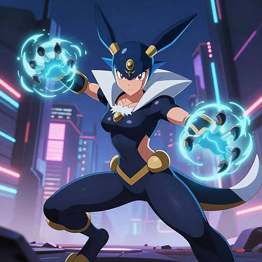 Digital anime-style drawing of a fierce, blue-haired, anthropomorphic rabbit-woman in a black suit with gold accents, glowing blue energy orbs, in