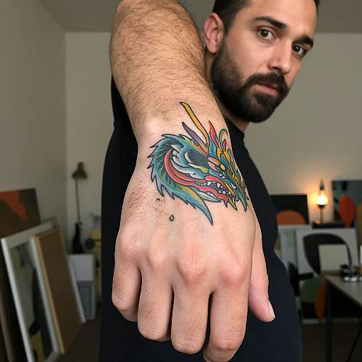 Photograph of a bearded man with medium skin tone, dark hair, and a colorful dragon tattoo on his right hand, extending it forward in a