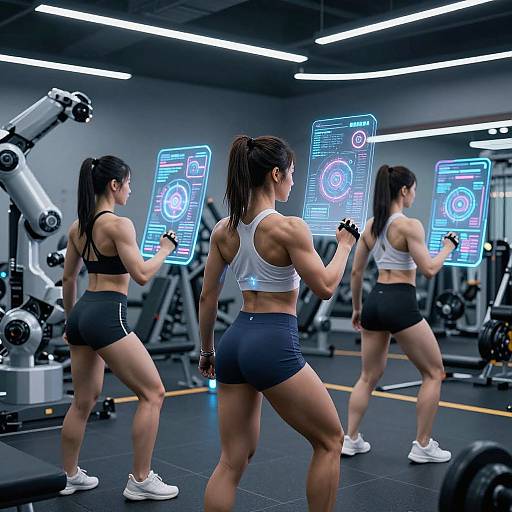 Photograph of three muscular women in a modern gym, wearing sports bras and shorts, holding futuristic holographic screens while exercising.