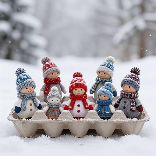 Photograph of six colorful, handmade snowman dolls in winter hats and scarves, arranged in a snow-covered egg carton against a snowy, blurred