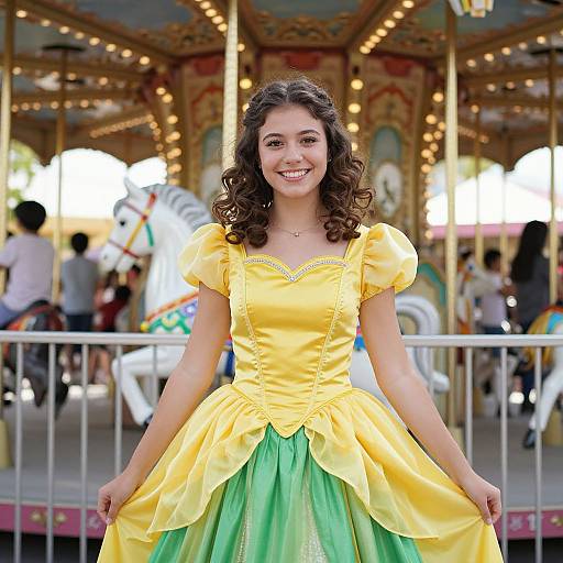 Young woman with curly brown hair, smiling, wearing a yellow and green princess-style dress, stands in front of a colorful, lit-up carousel. Phot