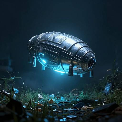 CGI image of a glowing blue, futuristic, hovering drone with metallic panels and tassels, illuminated in a dark, grassy environment.