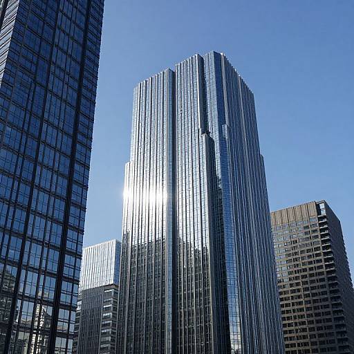Photograph of modern skyscrapers with reflective glass facades, featuring vertical and grid patterns, under a clear blue sky. Tall buildings dominate the foreground