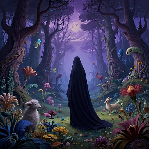 Mysterious black-robed figure in vibrant, surreal forest with glowing mushrooms, colorful flowers, and floating creatures under a moonlit purple sky. Digital art