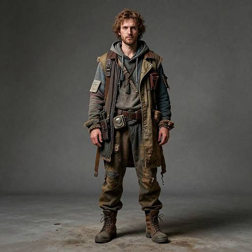 Photograph of a rugged, curly-haired man with a beard, wearing a layered, military-style outfit with leather, cloth, and metal accessories, standing