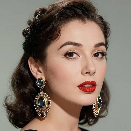 Photograph of a fair-skinned woman with red lipstick, dark wavy hair in vintage style, wearing large, ornate blue and gold drop earrings