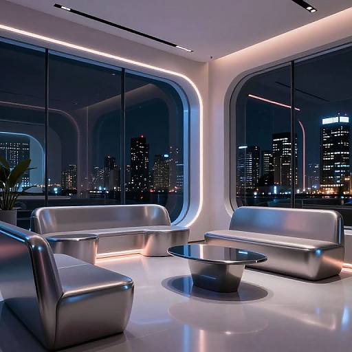 Modern, futuristic lounge with sleek, metallic furniture, illuminated by blue and white LED lights, overlooking a city skyline at night.