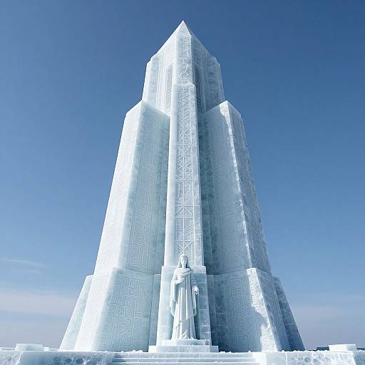 Photograph of a towering, intricately carved ice sculpture with geometric patterns, set against a clear blue sky and surrounded by snow.