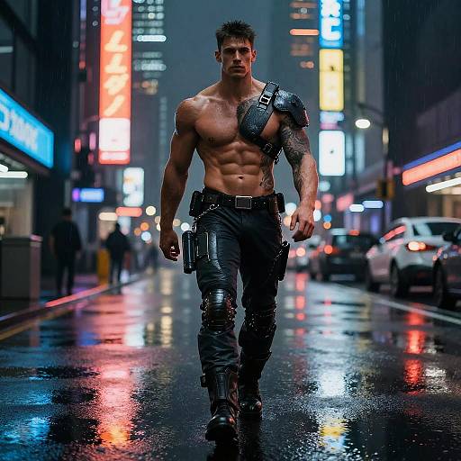 Muscular, shirtless man with cyberpunk armor and pants, tattoos, and gun holster walks confidently on a neon-lit, rainy city street.