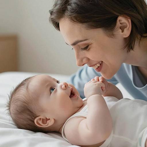 Mother Smiling at Baby Lying on Bed