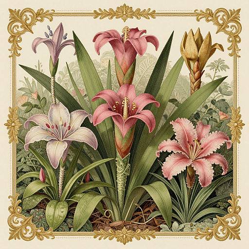 Detailed botanical illustration of five pink and purple lilies with green leaves, framed by an ornate gold border. Digital art.