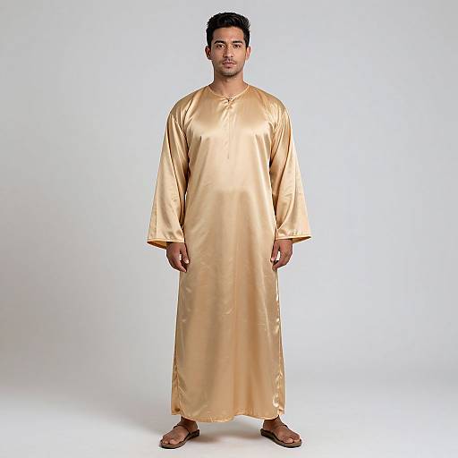 Photograph of a young South Asian man with short black hair, wearing a gold satin long kurta and brown sandals, standing against a plain white background