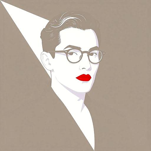 Minimalist digital illustration of a white-faced woman with red lips, glasses, and short hair, set against a beige background.
