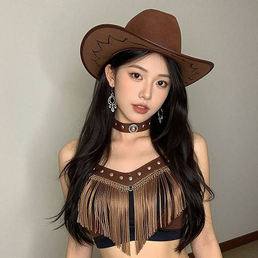 Photograph of an Asian woman with long black hair, wearing a brown cowboy hat, brown fringe top, black choker, and dangling earrings, against