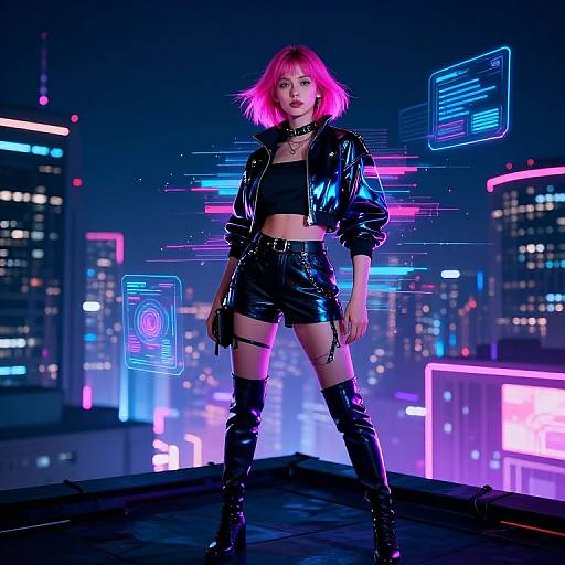 Neon-lit cyberpunk photo of a pink-haired woman in a black glossy jacket, crop top, shorts, and thigh-high boots, standing confidently