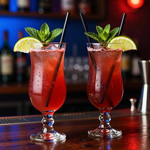 Photograph of two vibrant red cocktails with ice, mint, lime slices, black straws, on a dark wooden bar, blurred background.