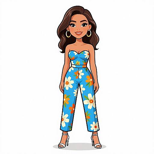 Digital illustration of a smiling woman with long brown hair, wearing a blue floral strapless jumpsuit, white high heels, and large hoop earrings, standing