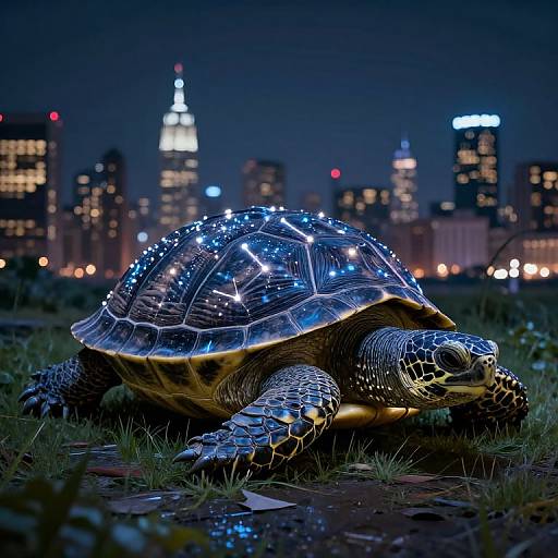 Photorealistic digital art of a glowing, cybernetic turtle with blue LED lights on its shell, set against a nighttime cityscape with illuminated skys