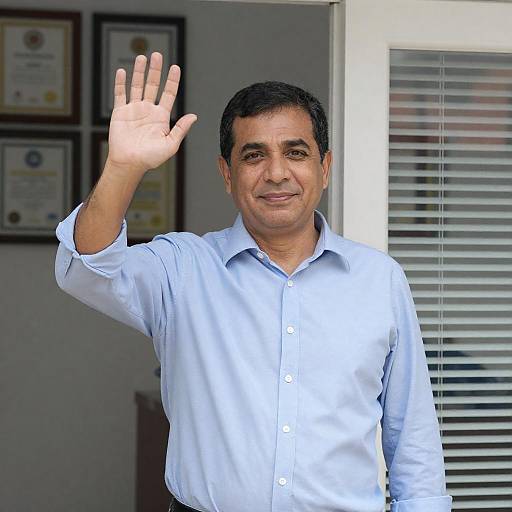 Middle-Aged Man Waving by Glass Door