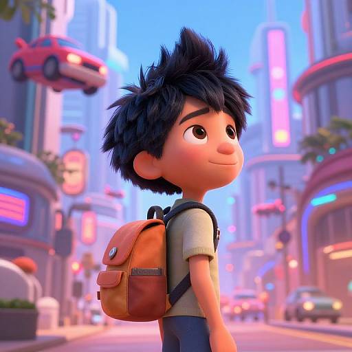 CGI cartoon of a cute, spiky-haired boy with a brown backpack, smiling in a neon-lit, futuristic city street with flying cars.