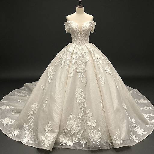 Photograph of an elegant off-shoulder, white wedding gown with a full, floral-embroidered skirt on a mannequin, set