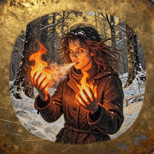 Digital painting of a woman with wild brown hair, conjuring fire in a snowy forest, wearing a dark coat, framed by a textured golden circle.