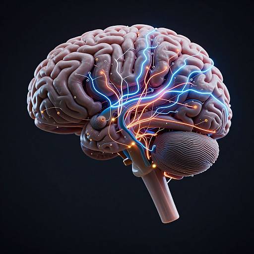 Digital CGI of a detailed, glowing human brain with vivid blue and red electric currents against a dark background.