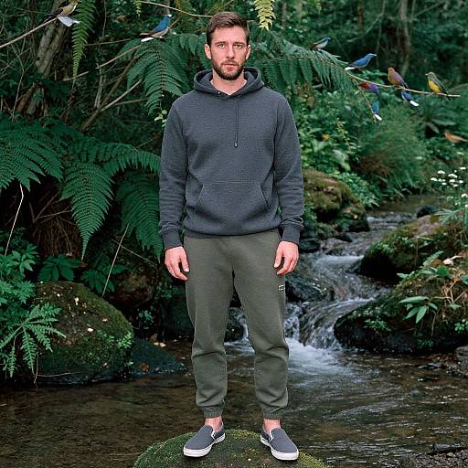 Photograph of a bearded man with short brown hair, wearing a dark gray hoodie, olive pants, and black sneakers, standing on a mossy