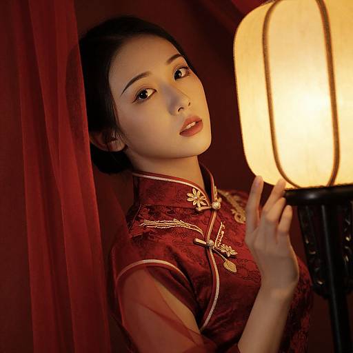 Photograph of an Asian woman with fair skin, dark hair, and red lips, wearing a red Chinese cheongsam, holding a glowing lantern in