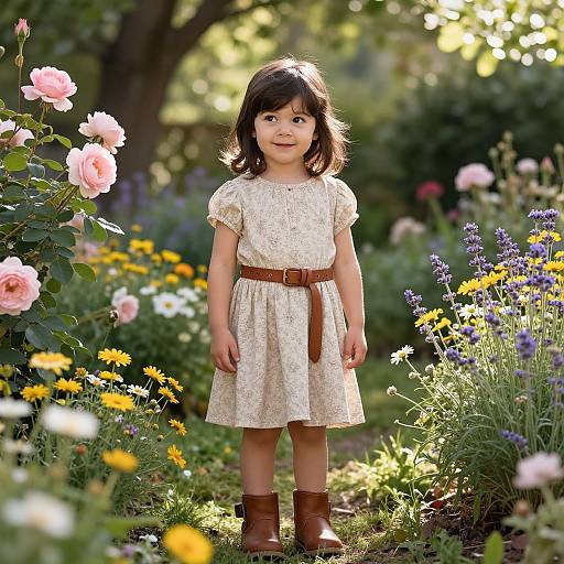 Photograph of a young girl with fair skin, black hair, wearing a cream floral dress, brown belt, and brown boots, standing in a sun