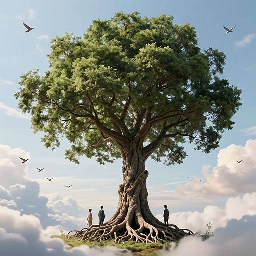 Digital artwork of a massive, twisted tree with lush green leaves, surrounded by fluffy clouds and flying birds, with three small silhouetted figures standing