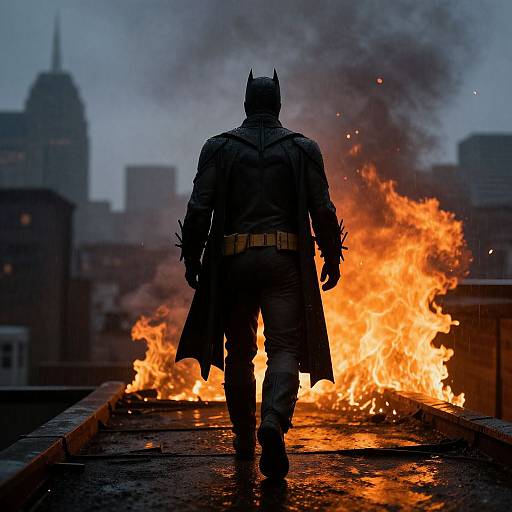 Photograph of Batman from behind, standing on a rooftop with intense flames behind him, dark city skyline in the background.