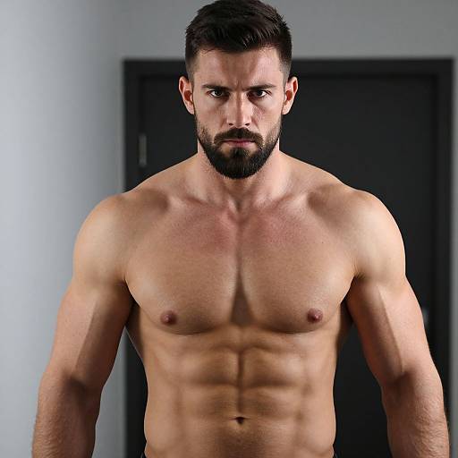 Photograph of a muscular, bearded, shirtless man with dark hair and intense gaze, standing in front of a dark door.